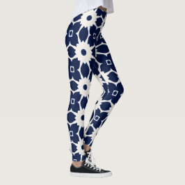 Navy Blau und Weiß Geometrische Blüten Leggings