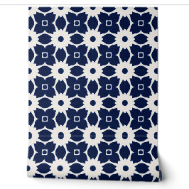 Navy Blau und Weiß Geometrische Blüten Tapete