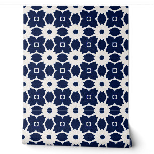 Navy Blau und Weiß Geometrische Blüten Tapete