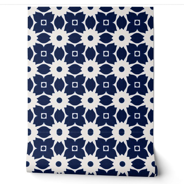 Navy Blau und Weiß Geometrische Blüten Tapete (Abrollen)