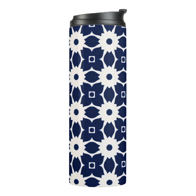 Navy Blau und Weiß Geometrische Blüten Thermosbecher (Nach links gedreht)