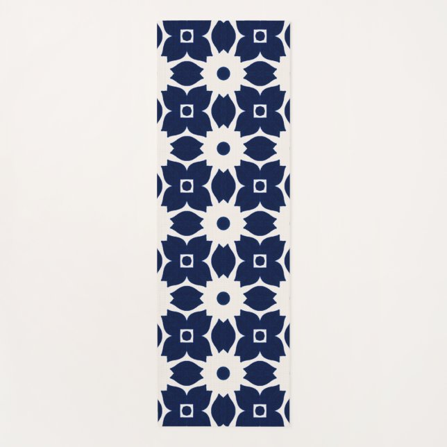 Navy Blau und Weiß Geometrische Blüten Yogamatte (Vorderseite)