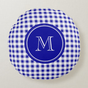 Navy Blau und Weiß Gingham, Ihr Monogramm Rundes Kissen