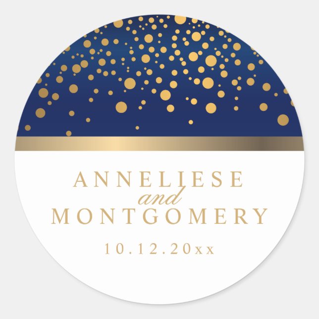 Navy Blau und Weiß mit Gold Confetti Dots Runder Aufkleber (Vorderseite)