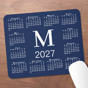 Navy Blau und Weiß Monogramm 2027 Kalender Mousepad