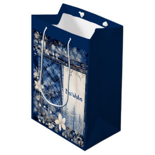 Navy Blau und Weiß Schöne Weihnachtsblumen Mittlere Geschenktüte