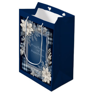 Navy Blau und Weiß Schöne Weihnachtsblumen Mittlere Geschenktüte