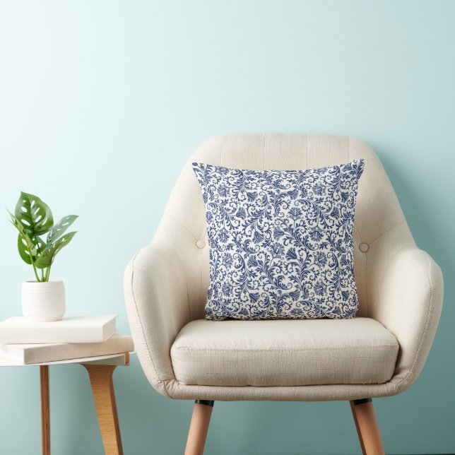 Navy Blau und Weiße Jacobohne Blumenkissen Kissen (Stuhl )