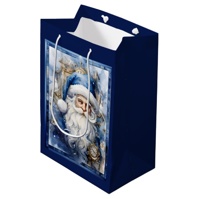 Navy Blau und Weiße Vater Weihnachten Mittlere Geschenktüte (Vorderseite Schrägansicht)