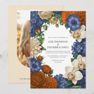 Navy Blau, verbranntes Orange und Champagner Hochz Einladung