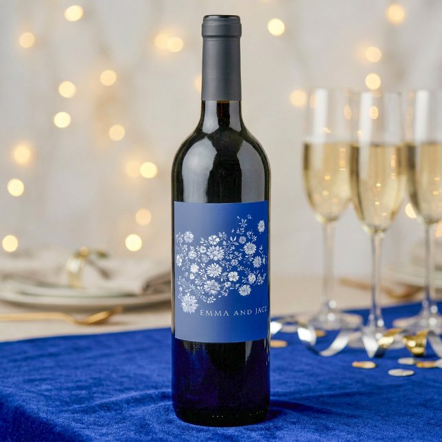 Navy Blau Wasserfarben Blumen Weinetikett (Navy Blue Watercolor Floral Wine Label)