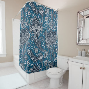Navy Blau & Weiß Blumen-Paisley-Bohemian Boho Duschvorhang