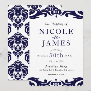 Navy Blau & Weiß Damast Chic Elegante Hochzeit Einladung