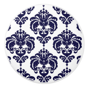Navy Blau & Weiß Damast Elegante Schlafzimmerschub Keramikknauf