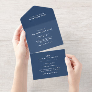 Navy Blau Weiß   Minimalistischer Moderner Elegant All-in-One-Einladung