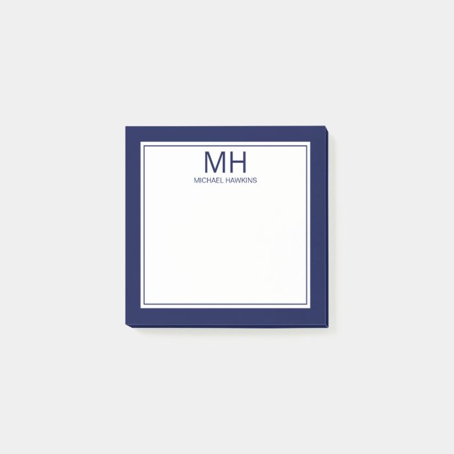 Navy Blau Weiß Monogramm Herren Post-it Klebezettel (Vorderseite)