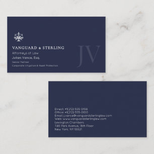 Navy Blau Weiße Anwältin Anwalt Elegantes Monogram Visitenkarte