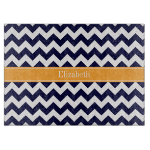 Navy Blau Weiße Chevron Cantaloupe Namensmonogramm Schneidebrett