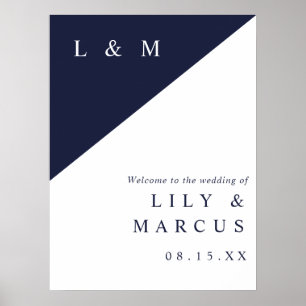 Navy Blau Weiße Chic Monogramm Hochzeit Willkommen Poster