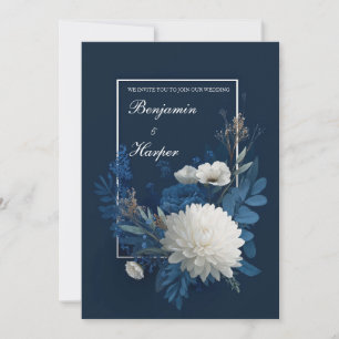 Navy Blau Weiße Chrysantheme Florale Hochzeit Einladung