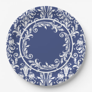 Navy Blau Weiße Damast Blumen Wirbel Sophisticated Pappteller