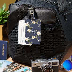 Navy Blau Weiße Florale Monogramm Gepäckanhänger