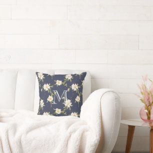 Navy Blau Weiße Florale Monogramm Kissen