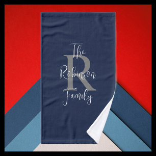 Navy Blau Weiße Graue Familienname Monogramm  Badhandtuch Set