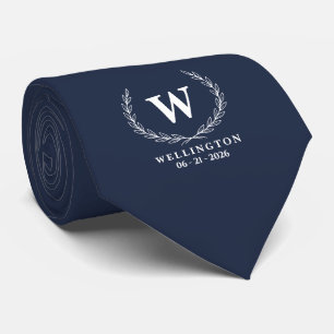 Navy Blau Weiße Lorbeer-Monogramm-Name Hochzeitsda Krawatte