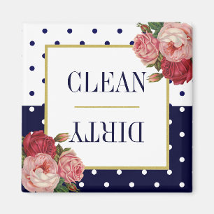 Navy Blau Weiße Punkte Floral Sauber Schmutzig Ges Magnet