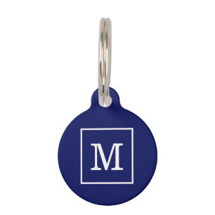 Navy Blau Weiße Rahmeninitiale Monogramm Tiernamensmarke
