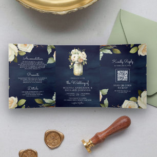 Navy Blau Weiße Rosen Mason Jar QR Code Hochzeit Dreifach Gefaltete Einladung