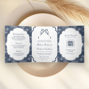 Navy Blau Weiße Spitze Coquette Schleife QR Code H Dreifach Gefaltete Einladung