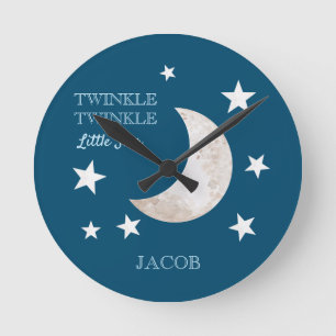Navy Blau Weiße Sterne Mond Funkelnder Kleiner Ste Runde Wanduhr