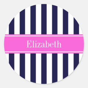 Navy Blau Weiße Streifen Hot Pink Name Monogramm Runder Aufkleber