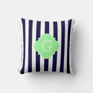 Navy Blau Weiße Streifen-Mint-Quatrefoil-Monogramm Kissen