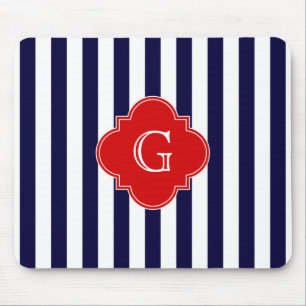 Navy Blau Weiße Streifen Rot Quatrefoil Monogramm Mousepad