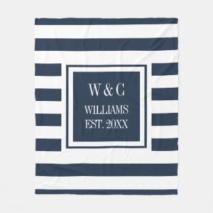 Navy Blau Weiße Streifen Stilvolles Monogramm Fleecedecke