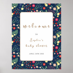 Navy Blau Wildblumen Rahmen Baby Shower Willkommen Poster