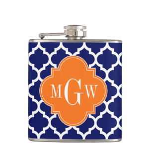 Navy Blau Wt Chevron Kürbis Vierpass 3 Monogramm Flachmann