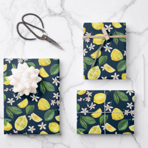 Navy Blau Zitrus-Limonen-Blumenmuster Geschenkpapier Set