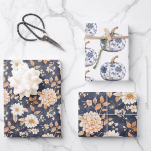 Navy Blaue Creme Pfirsich Blumen-Kürbisse Geburtst Geschenkpapier Set