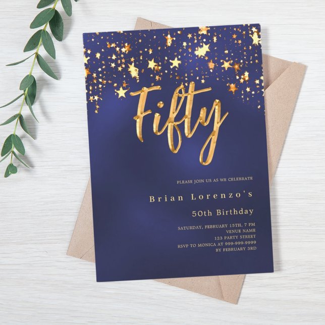 Navy blaue goldene Sterne 50. Geburtstag Luxus Einladung (Von Creator hochgeladen)