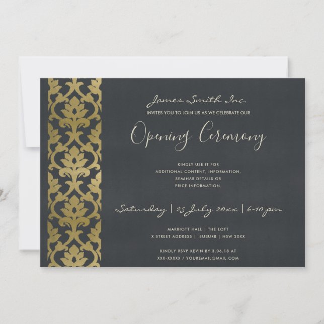 NAVY BLAUE IMITATE GOLD DAMASK GRAND ÖFFNUNGSZEREM EINLADUNG (Vorderseite)