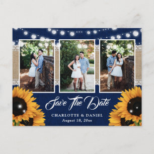 Navy Blaue Jute-Lace-Sonnenblumen-Foto-Collage Ankündigungspostkarte