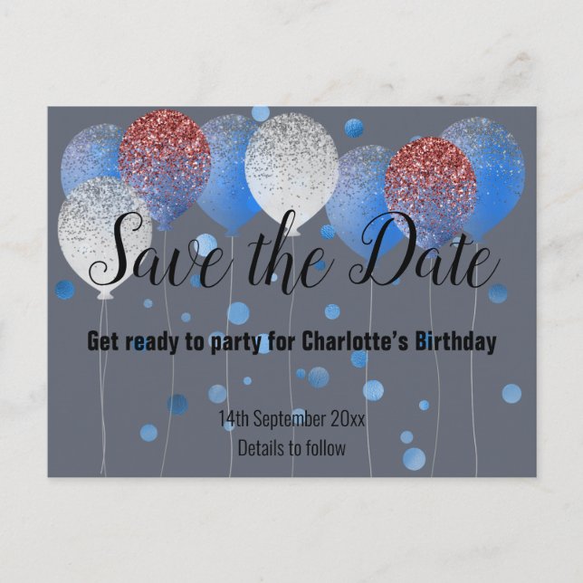 NAVY BLAUE RED WHITE BALLOONS SAVE THE DATE ANKÜNDIGUNGSPOSTKARTE (Vorderseite)