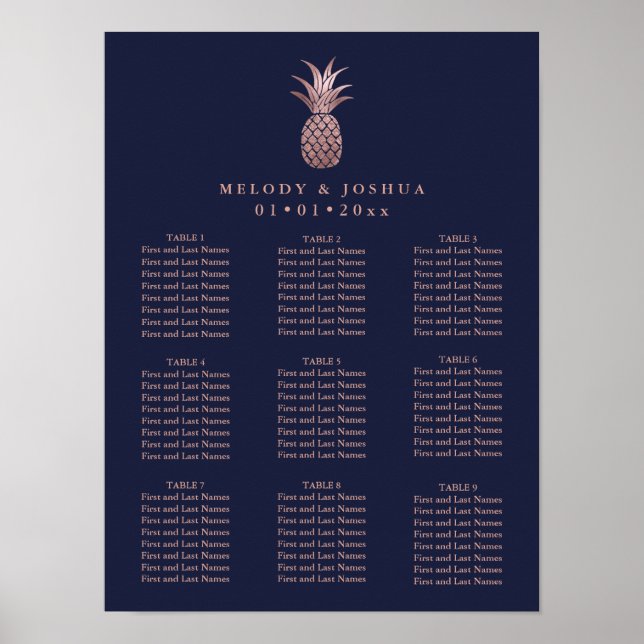 NAVY BLAUE ROSE GOLD PINEAPPLE SITZENCHARTA POSTER (Vorne)