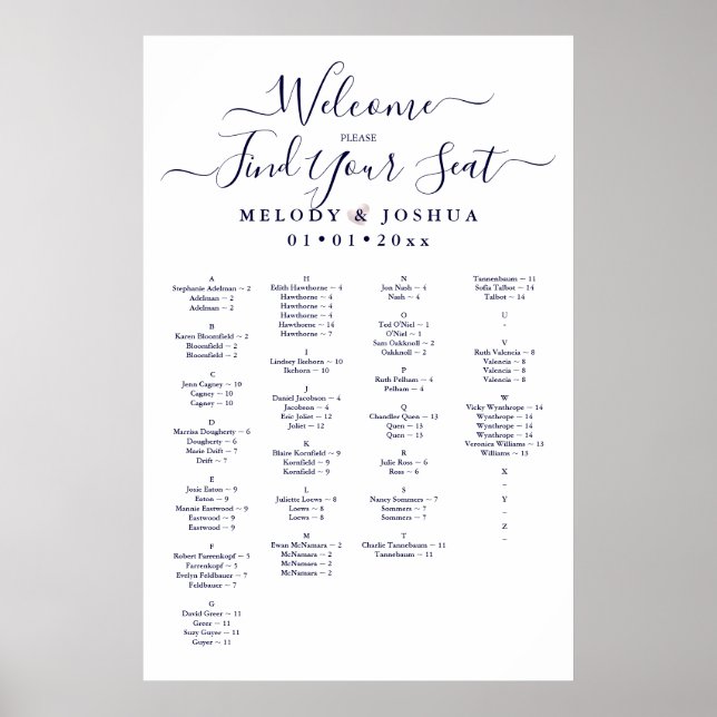 NAVY BLAUE SITZKARTE, ALPHABETISCH POSTER (Vorne)