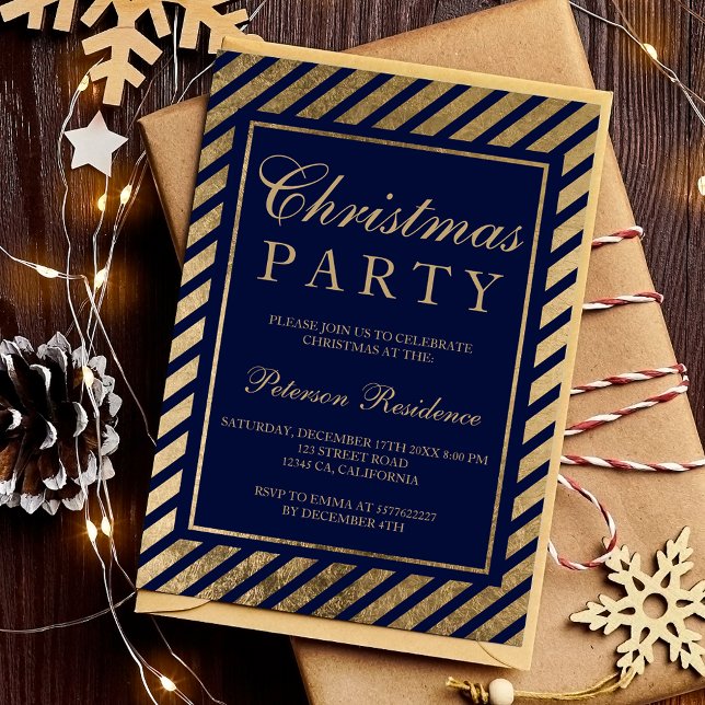 Navy blaue Streifen Corporate Chic Weihnachten Einladung (Navy blue gold stripes corporate chic Christmas Invitation)