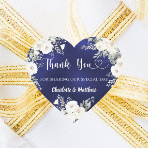 Navy blauen Blumen Herz danke Ihnen Hochzeit Herz-Aufkleber